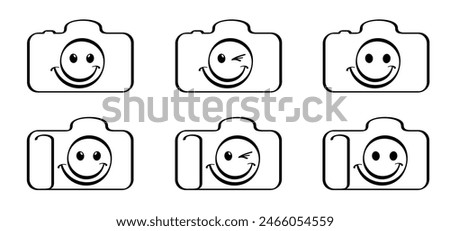Photo camera line pattern with love heart symbol. cameras collection. Photocamera icon. Take photo and smile. For Photography flash concept. Smile You're on camera. Cartoon aperture face and eye.