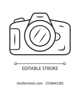 Photo camera linear icon. Professional photocamera. Making snapshots, taking pictures device. Thin line illustration. Contour symbol. Vector isolated outline drawing. Editable stroke