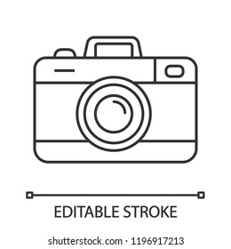 Photo camera linear icon. Thin line illustration. Photography. Taking pictures. Contour symbol. Vector isolated outline drawing. Editable stroke