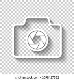Photo camera, linear symbol with thin outline, simple icon. White icon with shadow on transparent background