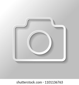Photo camera, linear symbol with thin outline, simple icon. Paper style with shadow on gray background