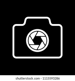 Photo camera, linear symbol with thin outline, simple icon. White icon on black background. Inversion
