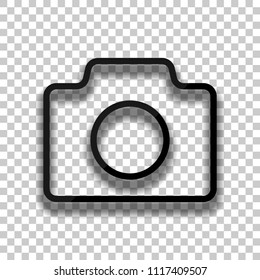 Photo camera, linear symbol with thin outline, simple icon. Black glass icon with soft shadow on transparent background