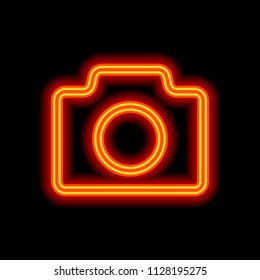 Photo camera, linear symbol with thin outline, simple icon. Orange neon style on black background. Light icon