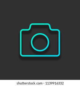 Photo camera, linear symbol with thin outline, simple icon. Colorful logo concept with soft shadow on dark background. Icon color of azure ocean