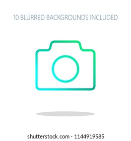 Photo camera, linear symbol with thin outline, simple icon. Colorful logo concept with simple shadow on white. 10 different blurred backgrounds included