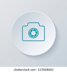 Photo camera, linear symbol with thin outline, simple icon. Cut circle with gray and blue layers. Paper style