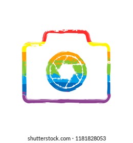 Photo camera, linear symbol with thin outline, simple icon. Drawing sign with LGBT style, seven colors of rainbow (red, orange, yellow, green, blue, indigo, violet