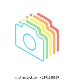 Photo camera, linear symbol with thin outline, simple icon. Stack of colorful isometric icons on white background