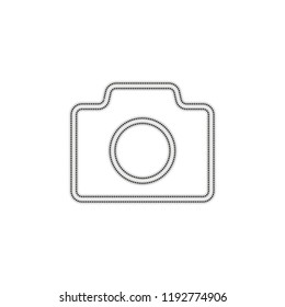 Photo camera, linear symbol with thin outline, simple icon. Dotted outline silhouette with shadow on white background