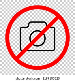 Photo camera, linear symbol with thin outline, simple icon. Not allowed, black object in red warning sign with transparent background