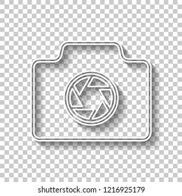Photo camera, linear symbol with thin outline, simple icon. White outline sign with shadow on transparent background