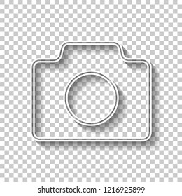 Photo camera, linear symbol with thin outline, simple icon. White outline sign with shadow on transparent background