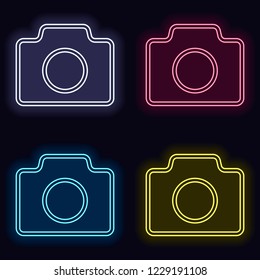 Photo camera, linear symbol with thin outline, simple icon. Set of neon sign. Casino style on dark background. Seamless pattern