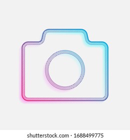 Photo camera, linear symbol with thin outline, simple icon. Technology logo with diagonal lines and colored gradient. Neon graphic, light effect. Blue and red colors