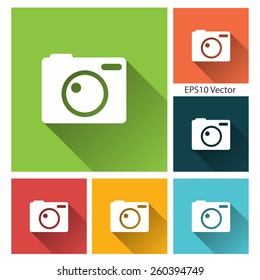 photo camera - long shadow flat icon set for app and web site. EPS10 vector