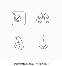 Photo camera, magnet and sound icons. Search linear sign. Flat linear icons on white background. Vector