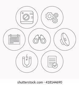 Photo camera, magnet and sound icons. Search linear sign. Check file, calendar and cogwheel icons. Vector