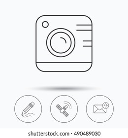 Photo camera, mail and gps satellite icons.