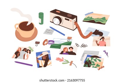 Photo camera, memory photographs, coffee cup composition. Film photography and scrapbooking hobby. Cam, lifestyle moments shots, flowers, tapes. Flat vector illustration isolated on white background
