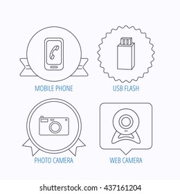 Photo camera, mobile phone and Usb flash icons. Web camera linear sign. Award medal, star label and speech bubble designs. Vector