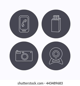 Photo camera, mobile phone and Usb flash icons. Web camera linear sign. Flat icons in circle buttons on white background. Vector