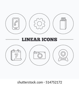 Photo camera, mobile phone and Usb flash icons. Web camera linear sign. Flat cogwheel and calendar symbols. Linear icons in circle buttons. Vector