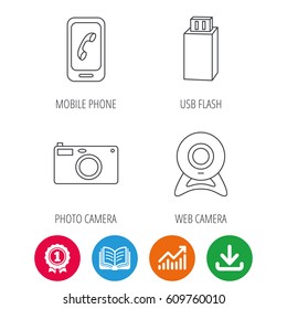 Photo camera, mobile phone and Usb flash icons. Web camera linear sign. Award medal, growth chart and opened book web icons. Download arrow. Vector