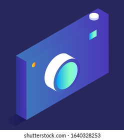 Photo camera, modern digital device, smart home part vector. Flashlight and lenses, remote control for photography equipment, isometric model. Gadget taking pictures, modern technology, isometric