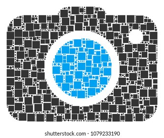 Photo Camera mosaic icon of square shapes and circles in various sizes. Vector objects are organized into photo camera collage design concept.