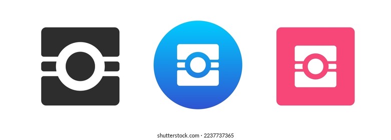 Photo camera multimedia content creation device icon set vector flat illustration. Photographing media digital optical lens modern electronic equipment image picture focus shooting objective