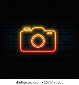 Photo camera neon icon. Electronics store sign. Bright effect band. Vector Stock Illustration.