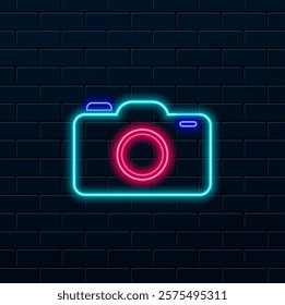 Photo camera neon icon. Electronics store sign. Bright effect band. Vector Stock Illustration