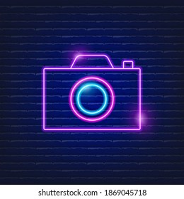 Photo camera neon sign. Photography concept. Vector icon for website design, mobile app, buttons