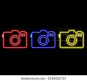 Photo Camera Neon Sign. Vector Illustration of Photography Promotion.