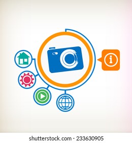 Photo camera on abstract background. Flat design for the web, print, banner, advertising.