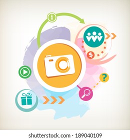 Photo camera on a colorful watercolor background with different icon and elements. Flat design for the web, print, banner, advertising.