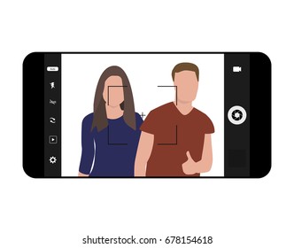 Photo camera on the smartphone screen. Girl and boy in the camera focus. Phone with camera. Smartphone picture. Vector illustration isoalted on white background. Modern camera focusing screen.