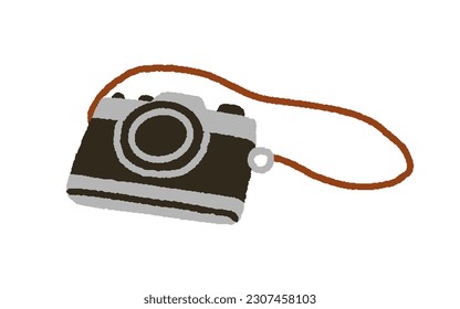 Fotokamera auf dem Gurt. Analogfilmfotokamera, Objektivfotografie-Ausrüstung. Retro Fotocam. Nostalgisches Objekt für analoges Foto. Flache Vektorgrafik einzeln auf weißem Hintergrund