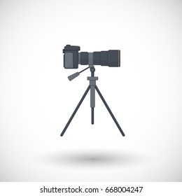 Photo camera on tripod flat vector icon, flat design of travel, hobby and photo shooting object with round shadow isolated on the white background, vector illustration