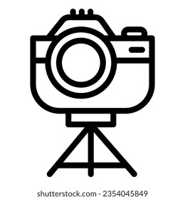 Photo camera on tripod line icon, device concept, camera on stand sign on white background, retro photocamera icon in outline style mobile concept web design. Vector graphics.