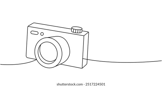 Foto câmera desenho contínuo de uma linha. Equipamento profissional de fotografia. Ilustração linear de vetor.