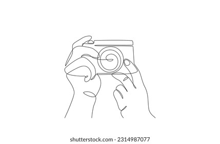 Photo camera one line drawing. Hands holding camera making pictures, photography equipment concept. Vector graphic design