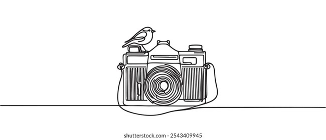 Câmera fotográfica, uma linha. câmera fotográfica. Ilustração vetorial em estilo minimalista