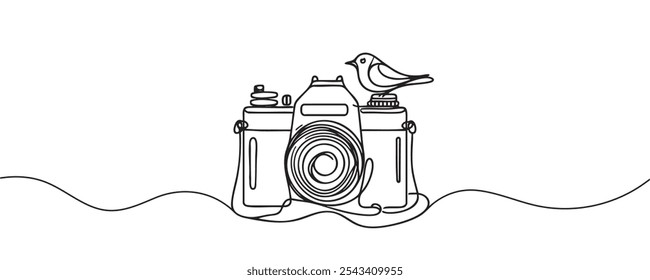 Câmera fotográfica, uma linha. câmera fotográfica. Ilustração vetorial em estilo minimalista