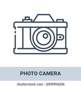 Photo camera outline monochrome icon with title. Concept of travel, summer vacation and rest. Vector monochrome illustrations isolated on white background.