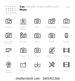 Photo Camera outline vector icons. Flash, Film, Don't Take Photos. Perfect pixel. Editable stroke