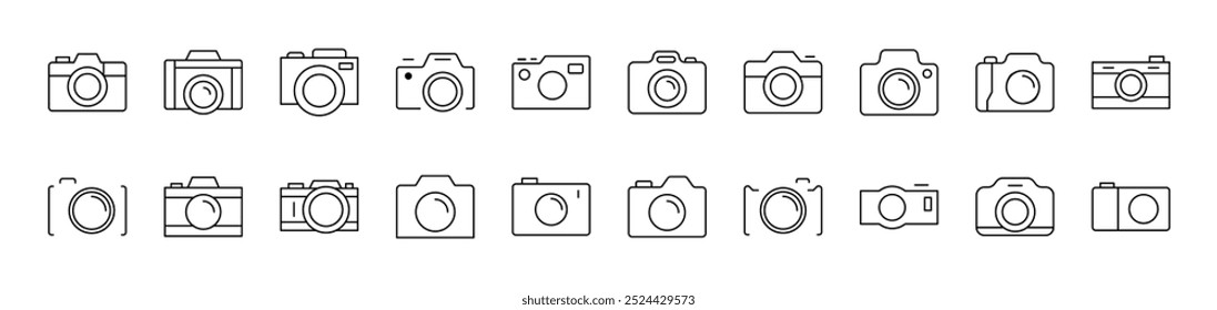 Coleção de Ícones de Linha da Web de Contorno de Câmera Fotográfica. Traço editável. Pictograma Linear Minimalista para Design de Cartões, Aplicativos, Banners, Posts