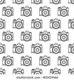 Photo camera pattern. Seamless pattern with digital camera line icon on white background.
