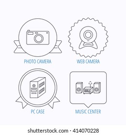 Photo camera, pc case and music center icons. Web camera linear sign. Award medal, star label and speech bubble designs. Vector